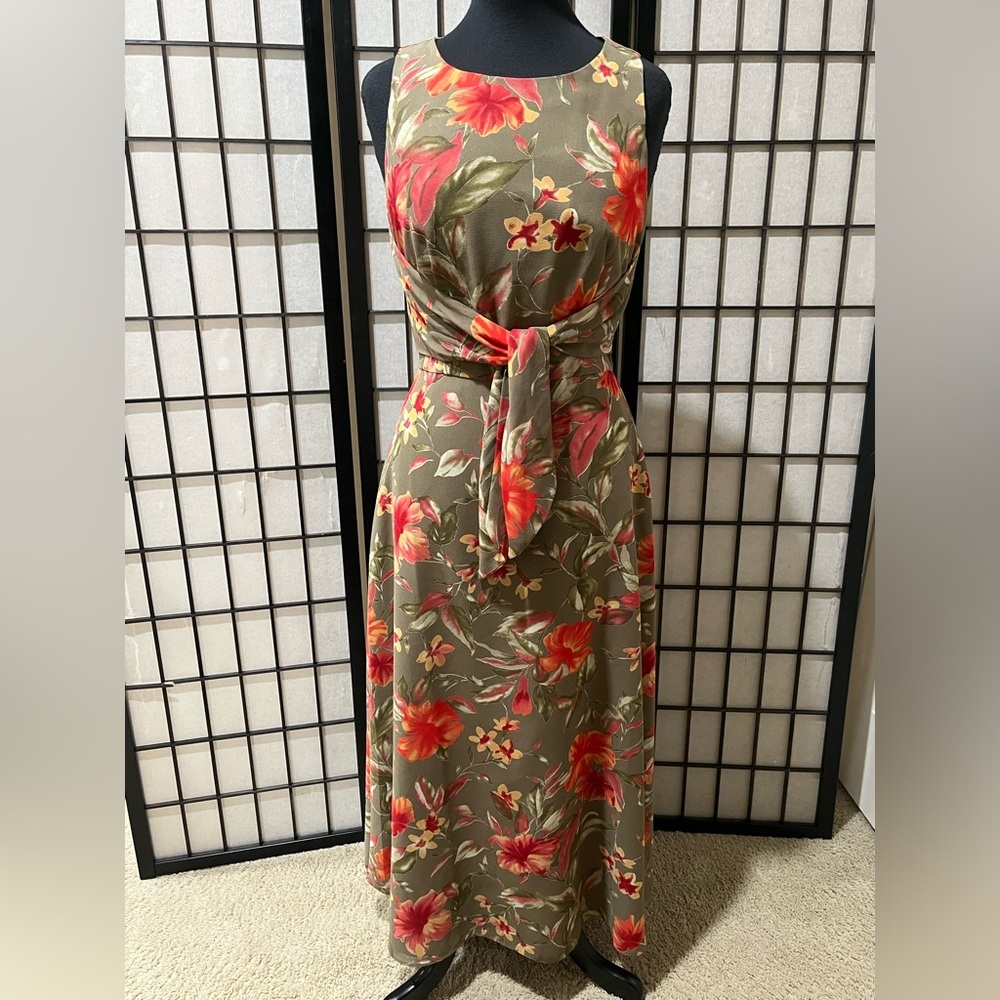 COLDWATER CREEK Olive Green Floral Tie-Waist 
MIDI Dress SIZE 8